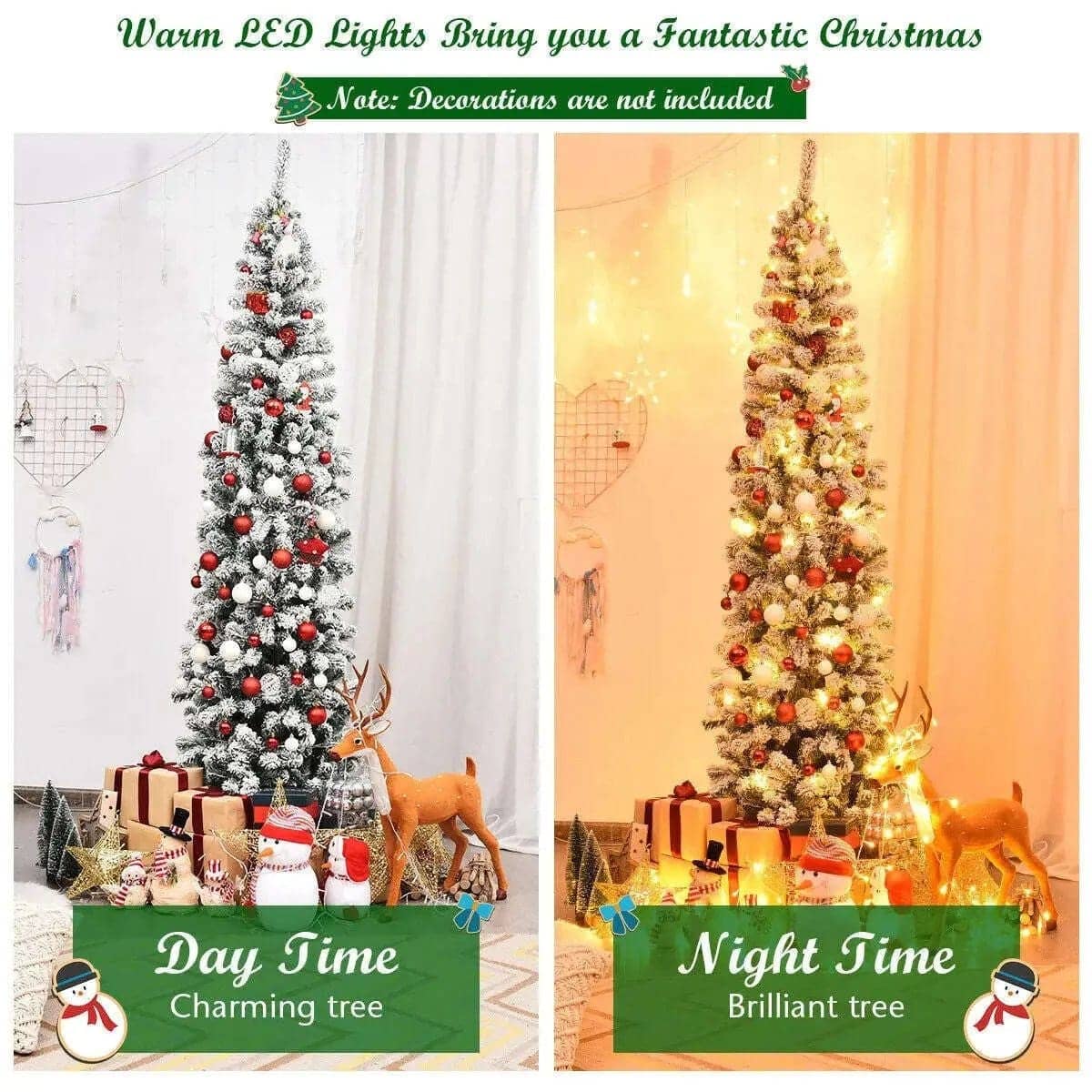 7.5 Feet Pre-lit Snow Flocked Artificial Pencil Christmas Tree with LED Lights Cartsfy Inc.