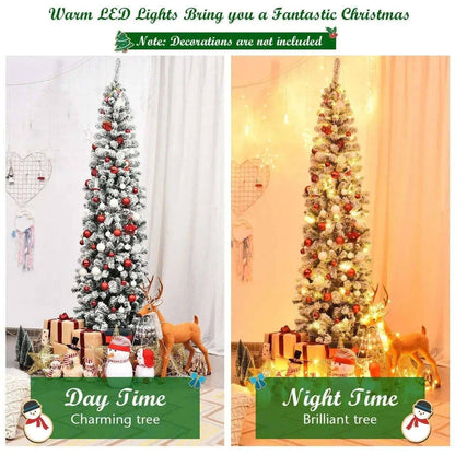 7.5 Feet Pre-lit Snow Flocked Artificial Pencil Christmas Tree with LED Lights Cartsfy Inc.