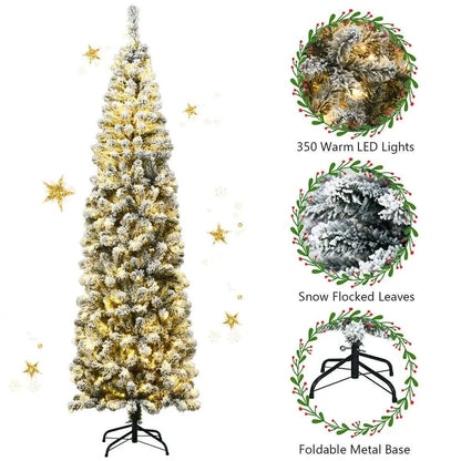 7.5 Feet Pre-lit Snow Flocked Artificial Pencil Christmas Tree with LED Lights Cartsfy Inc.