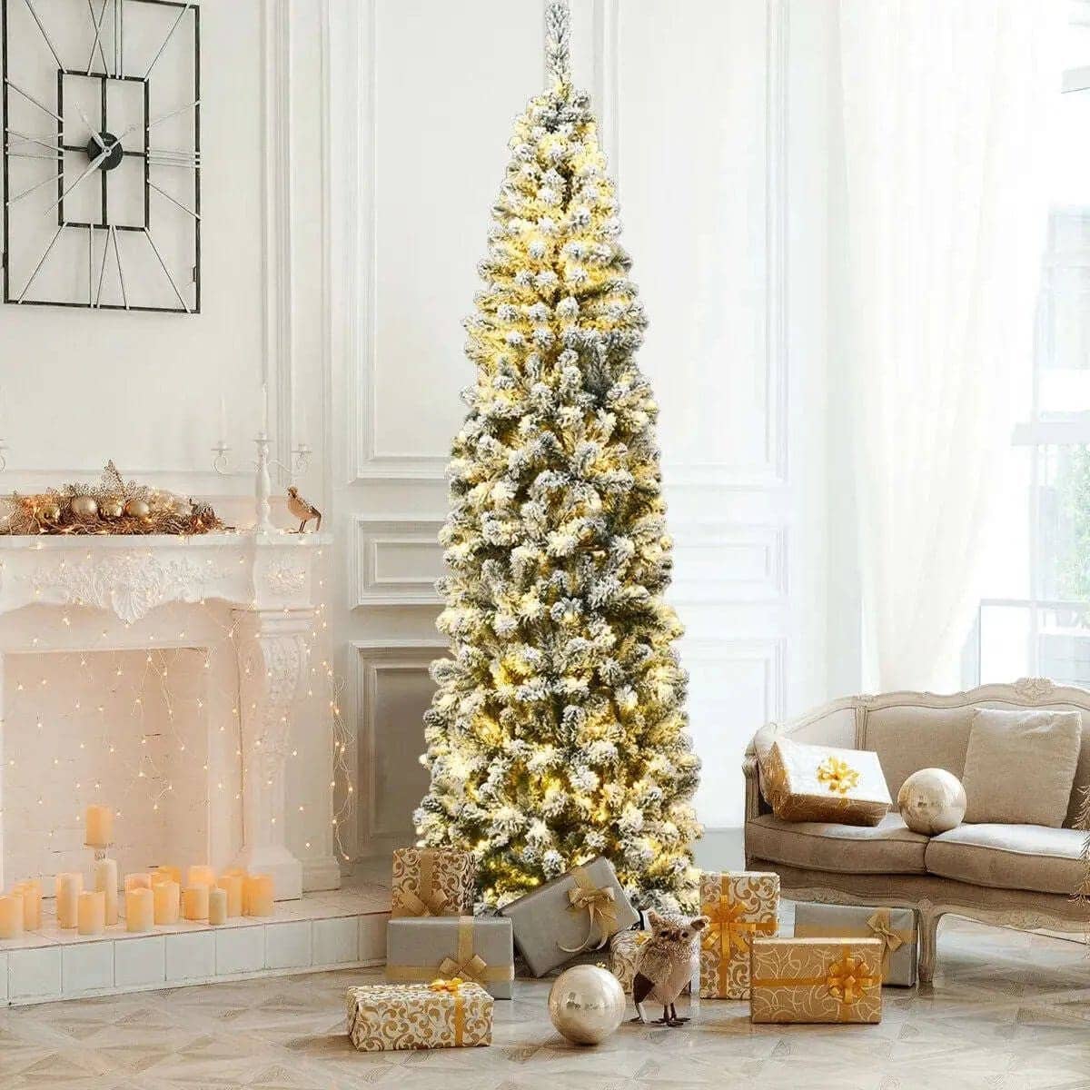 7.5 Feet Pre-lit Snow Flocked Artificial Pencil Christmas Tree