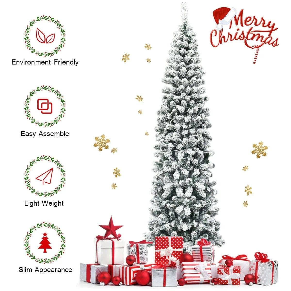 7.5 Feet Unlit Hinged Snow Flocked Artificial Pencil Christmas Tree with 641 Tips DirectDeals Default Title Default Title-