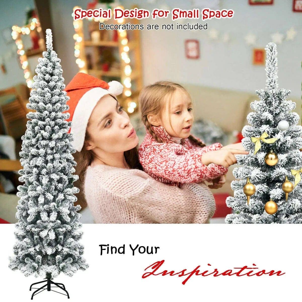 7.5 Feet Unlit Hinged Snow Flocked Artificial Pencil Christmas Tree with 641 Tips DirectDeals Default Title Default Title-