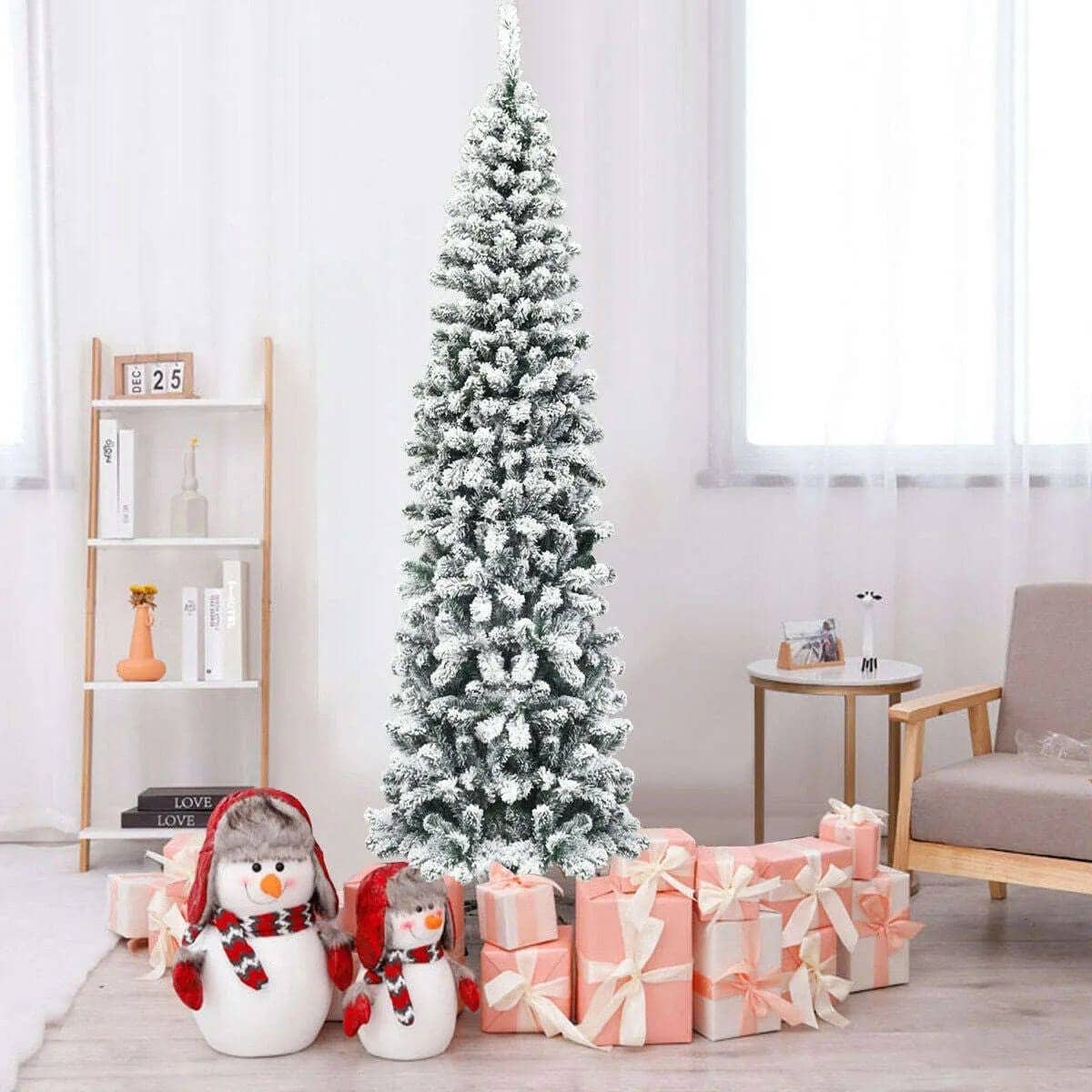 7.5 Feet Unlit Hinged Snow Flocked Artificial Pencil Christmas Tree with 641 Tips DirectDeals Default Title Default Title-