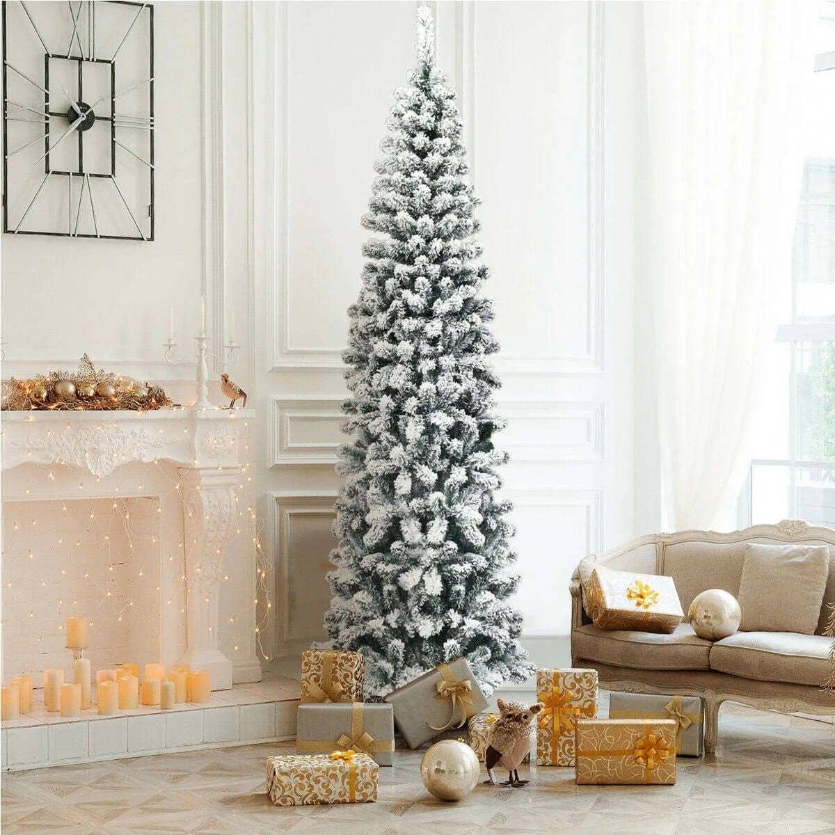 7.5 Feet Unlit Hinged Snow Flocked Pencil Christmas Tree - 641 Tips