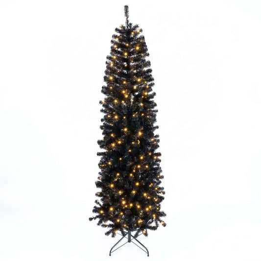 7-8 FT Slim Black Pencil Christmas Tree with LED Lights