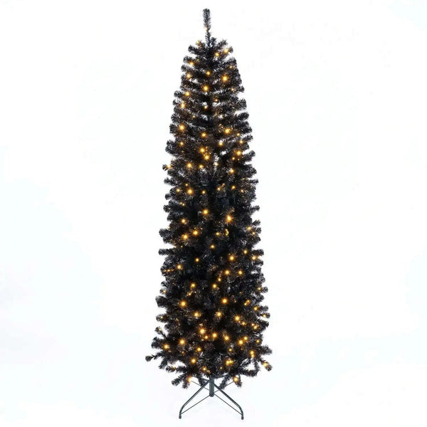 7-8 FT Slim Black Pencil Christmas Tree with LED Lights