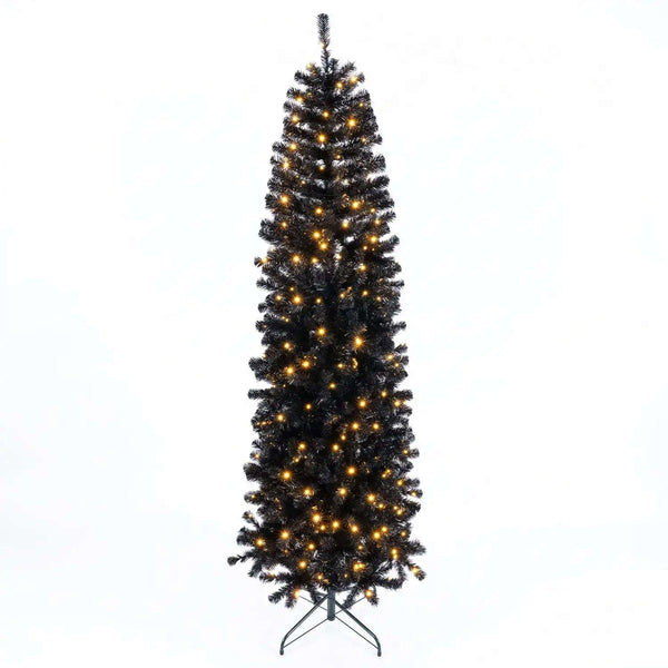 7-8 FT Slim Black Pencil Christmas Tree with LED Lights
