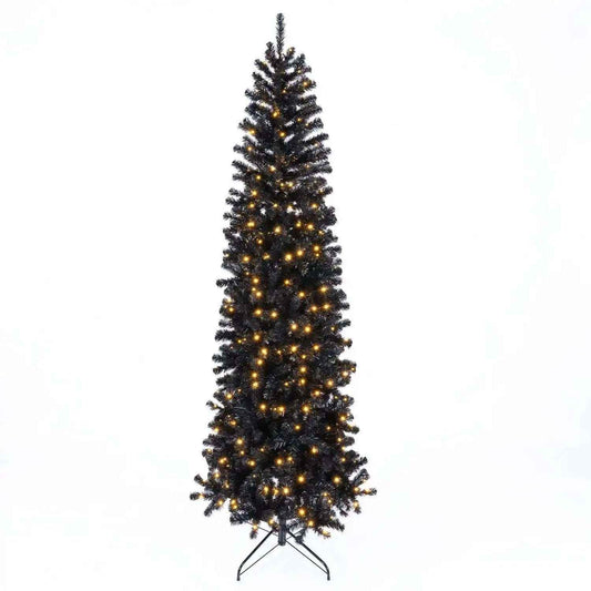7-8 FT Slim Black Pencil Christmas Tree with LED Lights