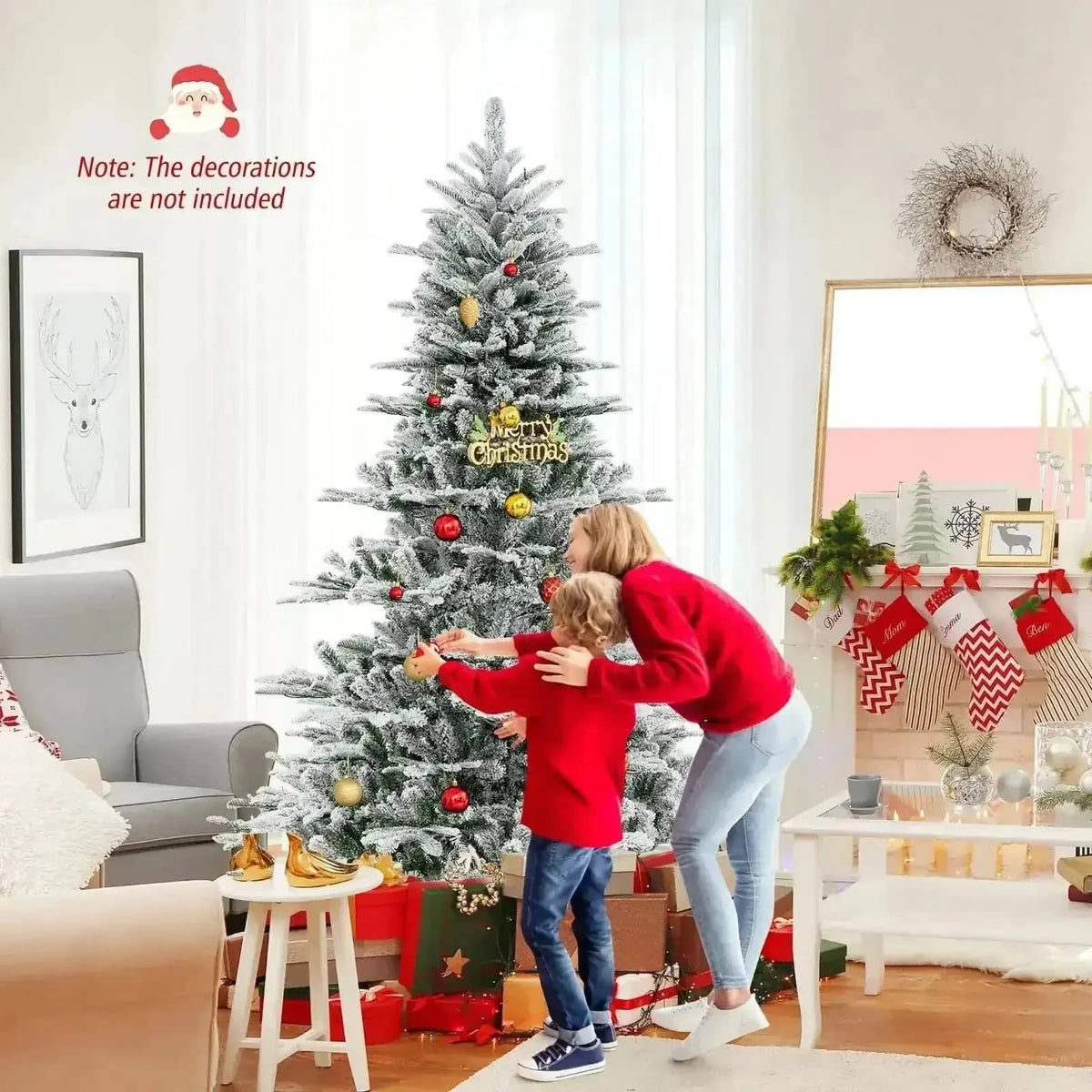 7 Feet Snow Flocked Artificial Christmas Tree with Cool White LED Lights Cartsfy Inc.