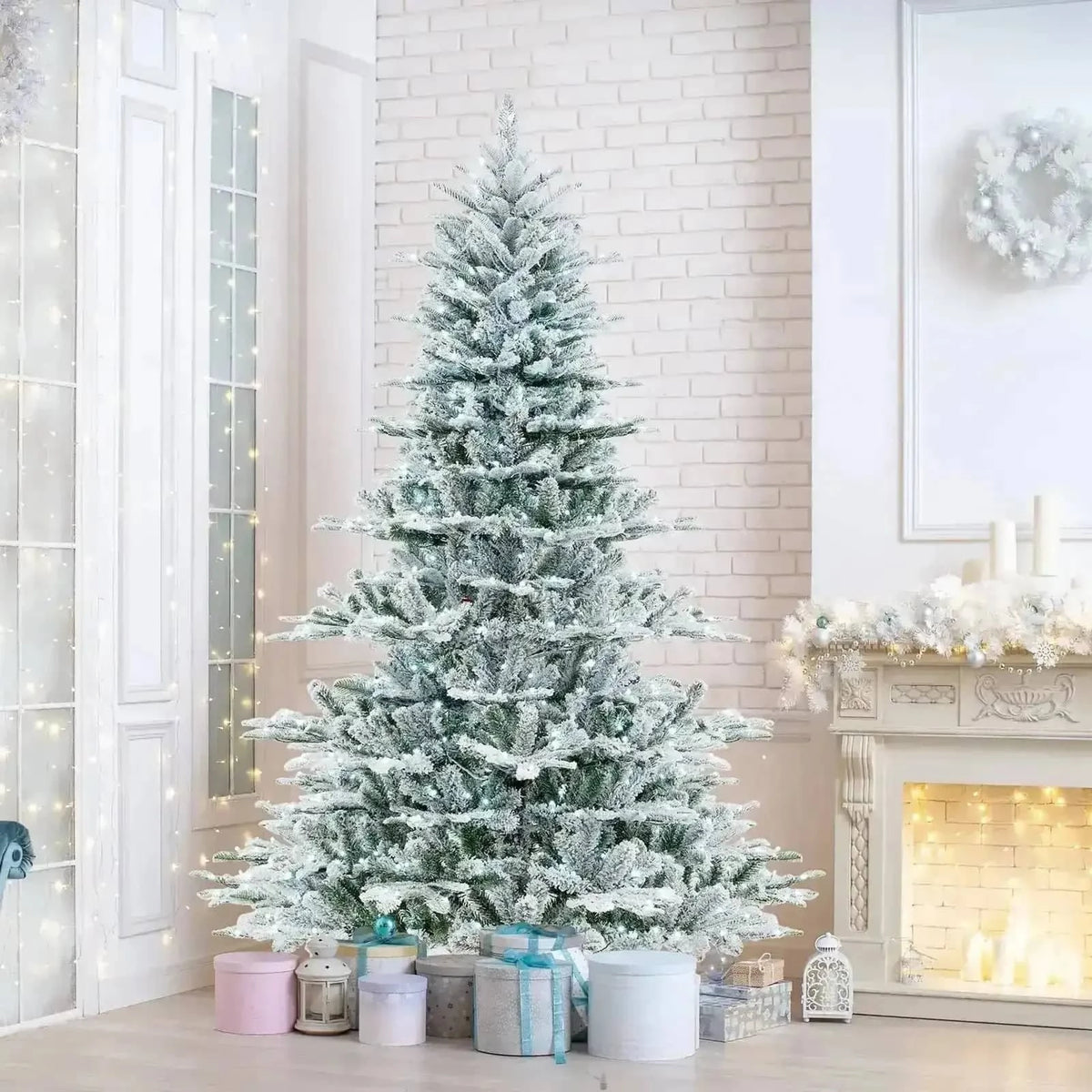 7 Feet Snow Flocked Artificial Christmas Tree with Cool White LED Lights Cartsfy Inc.