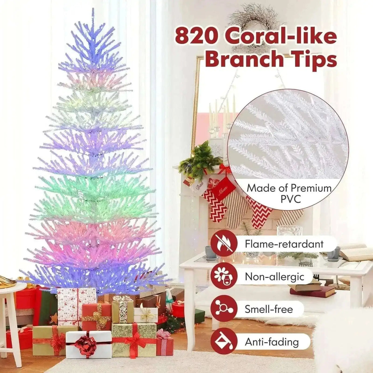 7 FT Artificial Pre-lit Christmas Tree Hinged Xmas Tree with 820 Coral-like Branch Tips Cartsfy Inc.