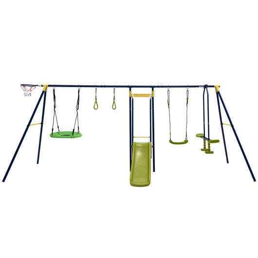 Outdoor A-frame swing set with multiple green seats and hanging swings, dark blue frame