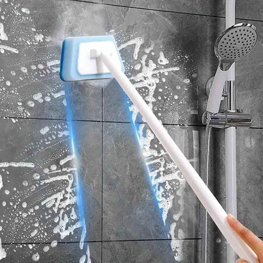 Long-handle cleaning brush with blue sponge pad for tile and fixtures