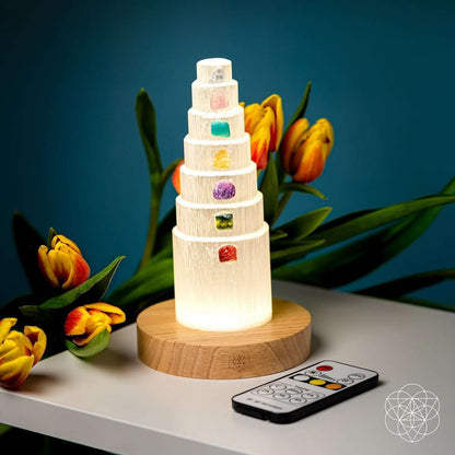 Glowing healing crystal lamp with stacked tiers, multicolor crystal insets, and remote control