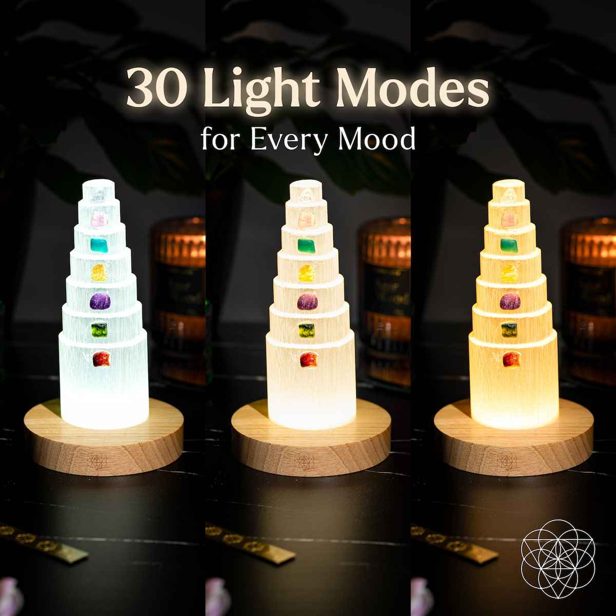 Healing crystal lamp with stacked tiers shown in three glow modes on wood bases