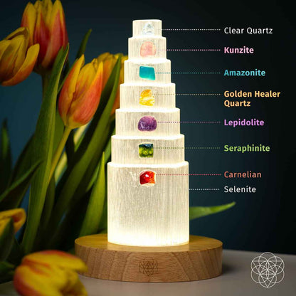 Glowing healing crystal lamp with stacked tiers of crystal insets on round wood base