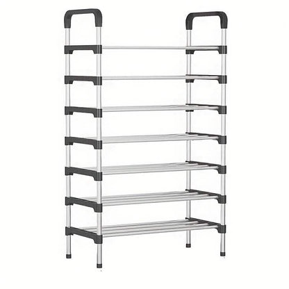Clear-shelf shoe rack with black side handles and metal frame, five tiers