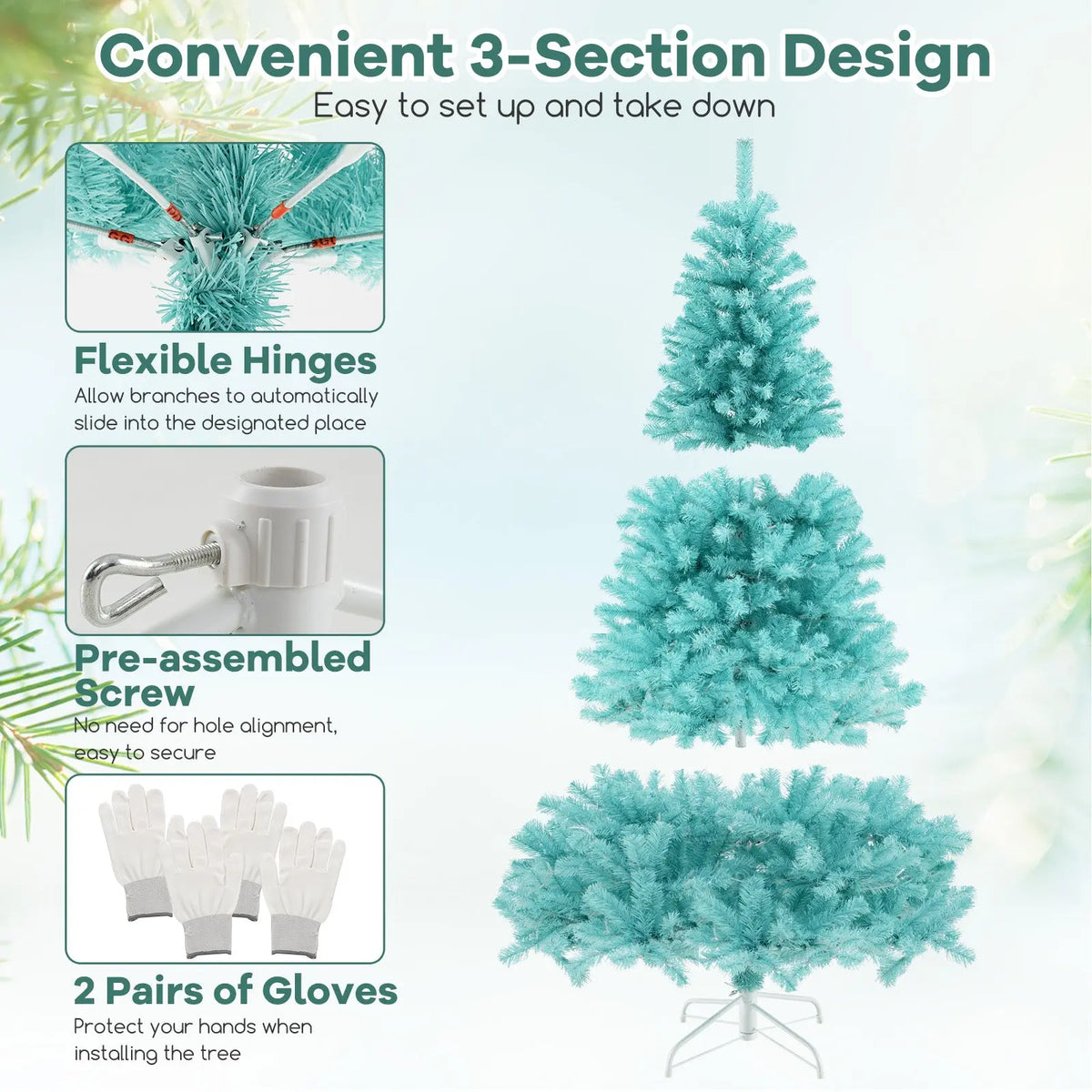 6/7 FT Blue Artificial Christmas Tree with 280/380 Warm White LED Lights and Foldable Metal Stand