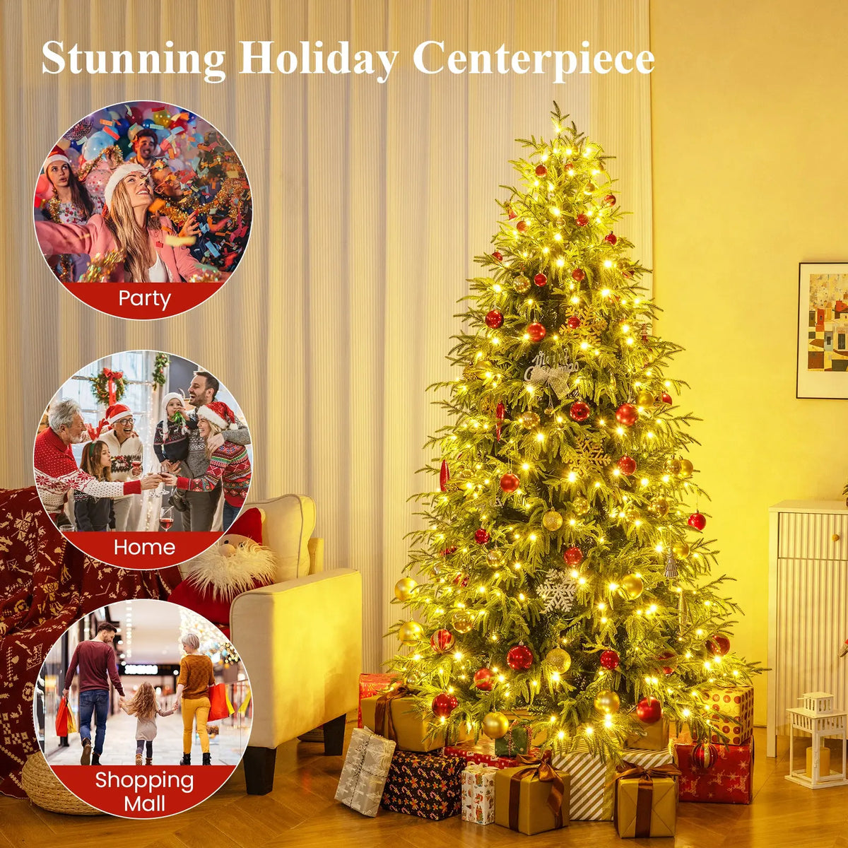 7 Feet Pre-Lit Artificial Christmas Tree Hinged Faux Xmas Tree with Soft Branch Tips