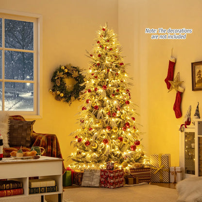 7 Feet Snow-flocked Artificial Christmas Tree Pre-lit Hinged Xmas Tree with Warm White LED Lights