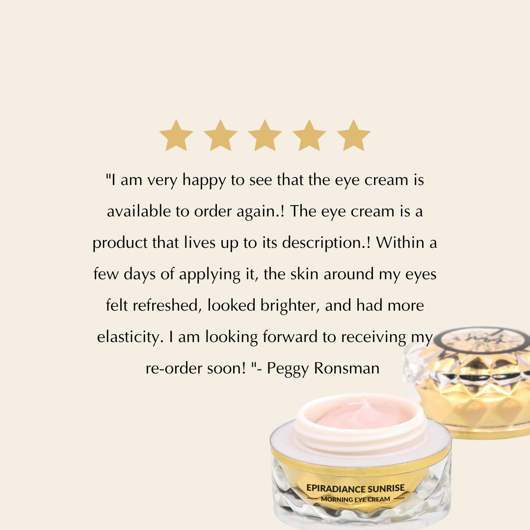 Eye cream jar with gold lid and pink cream, with five star rating