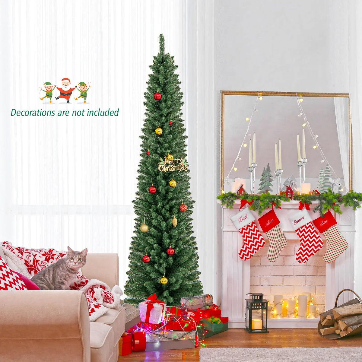 5/6/7/8 Feet Pencil Christmas Tree with 295/392/523/671 Memory Wire Branch Tips and Upgraded Metal Stand