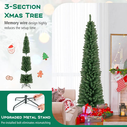 5/6/7/8 Feet Pencil Christmas Tree with 295/392/523/671 Memory Wire Branch Tips and Upgraded Metal Stand
