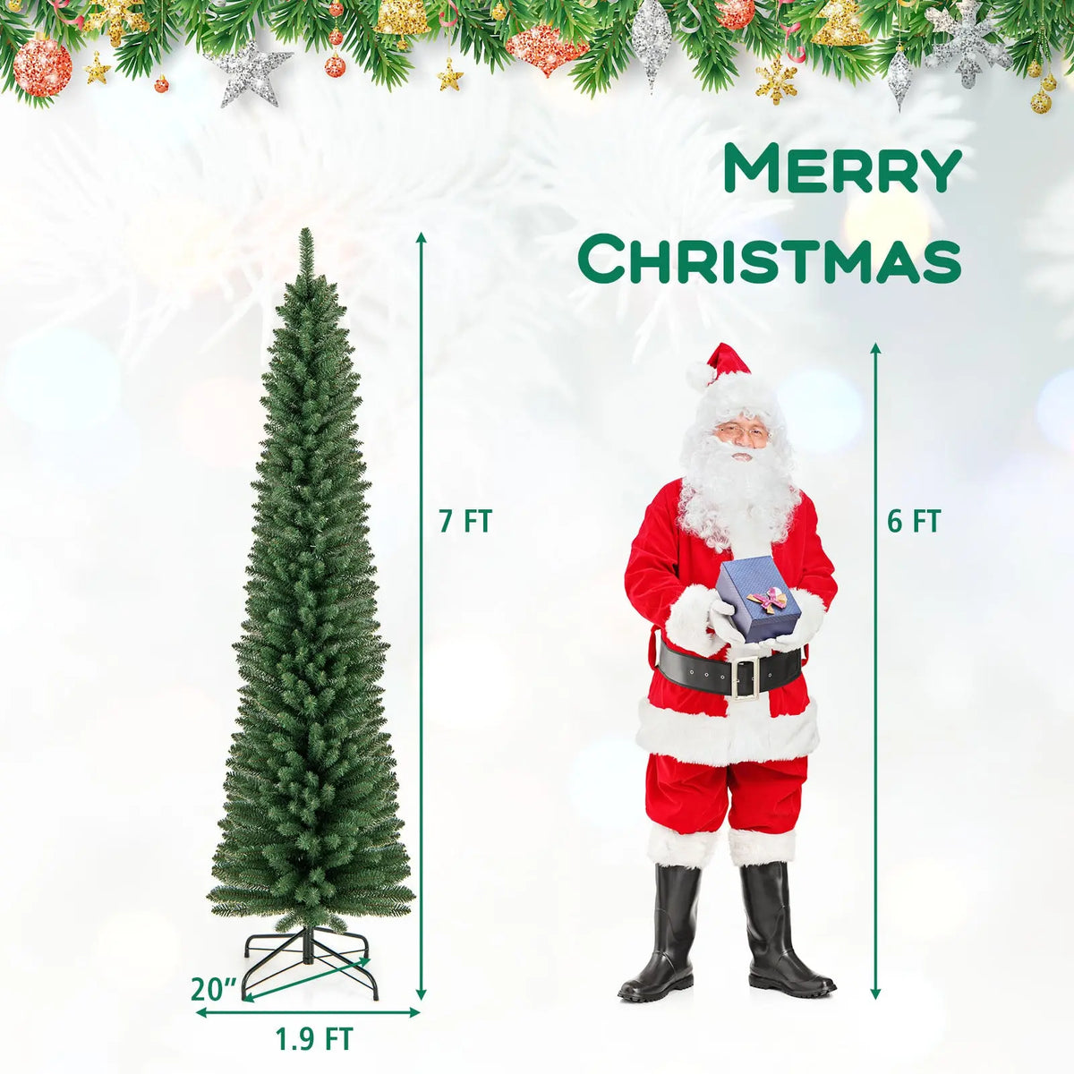 5/6/7/8 Feet Pencil Christmas Tree with 295/392/523/671 Memory Wire Branch Tips and Upgraded Metal Stand