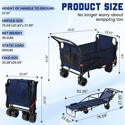 Unfolded wagon cart with navy seat platform, mesh side panels, and four caster wheels