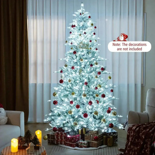 8 Feet Snow Flocked Artificial Christmas Tree with Cool White LED Lights Cartsfy Inc.