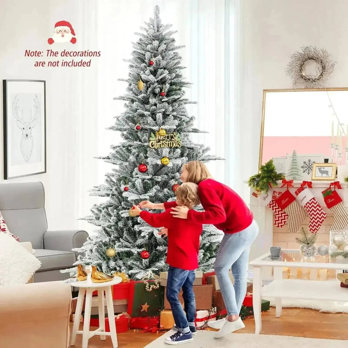 8 Feet Snow Flocked Artificial Christmas Tree with Cool White LED Lights Cartsfy Inc.