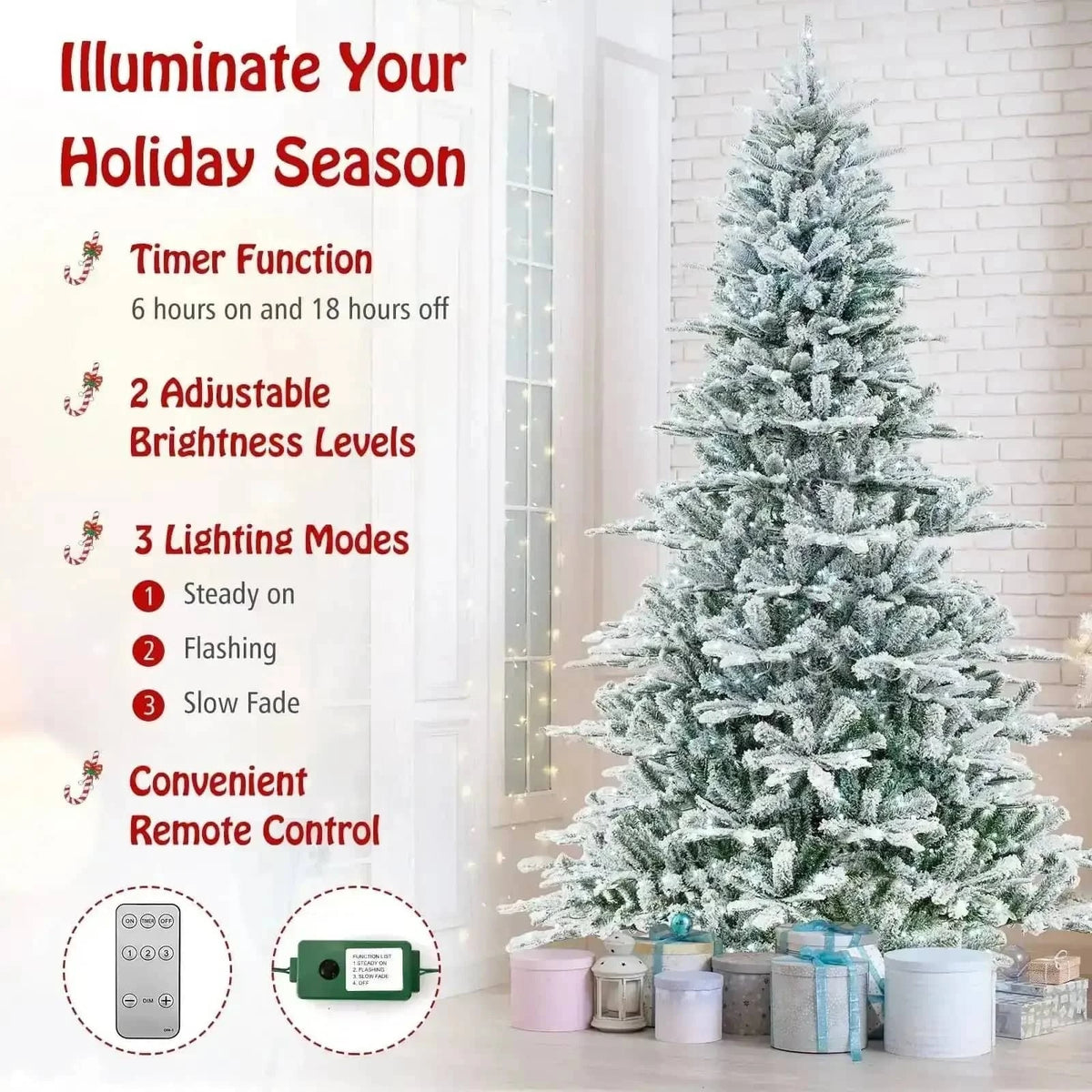 8 Feet Snow Flocked Artificial Christmas Tree with Cool White LED Lights Cartsfy Inc.