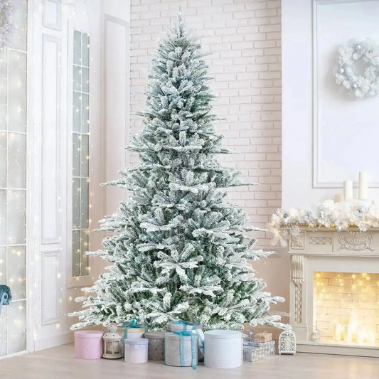 8 Feet Snow Flocked Artificial Christmas Tree with Cool White LED Lights Cartsfy Inc.