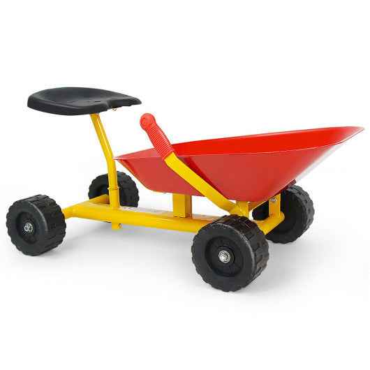 Kids ride-on sand dumper with red dump bed, yellow frame, and four black wheels