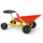 Kids ride-on sand dumper with red dump bed, yellow frame, and four black wheels