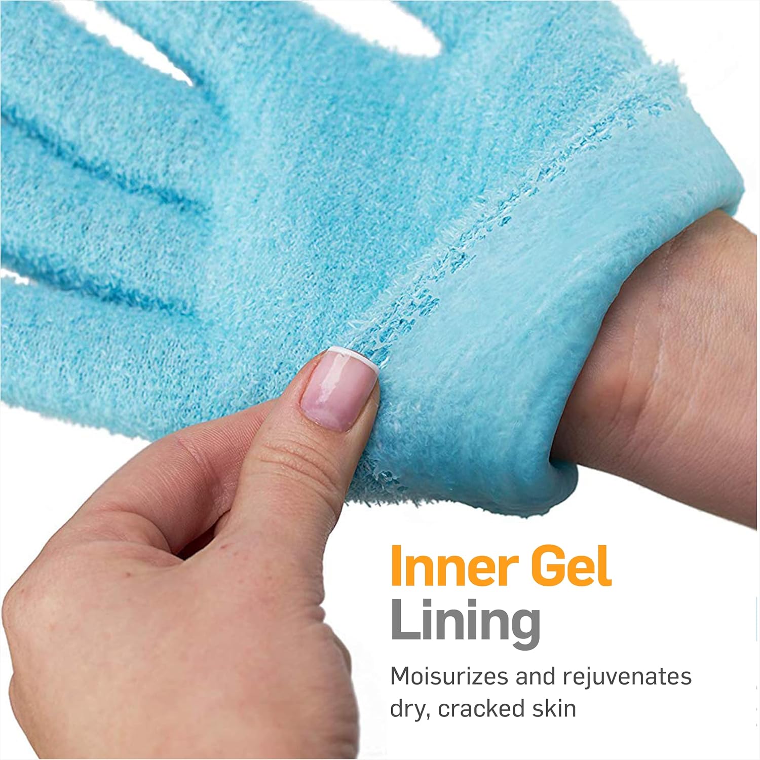 Blue gel heel sleeve close-up with inner lining on foot