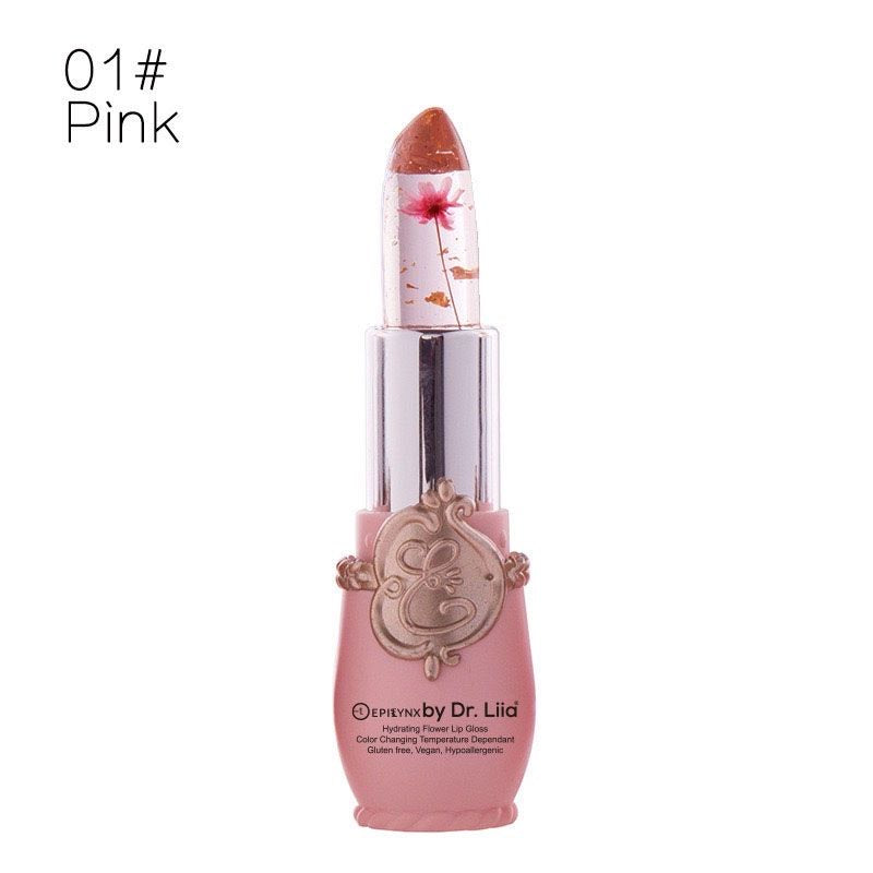 Flower lip gloss in pink tube with translucent cone tip and small dried-flower pieces