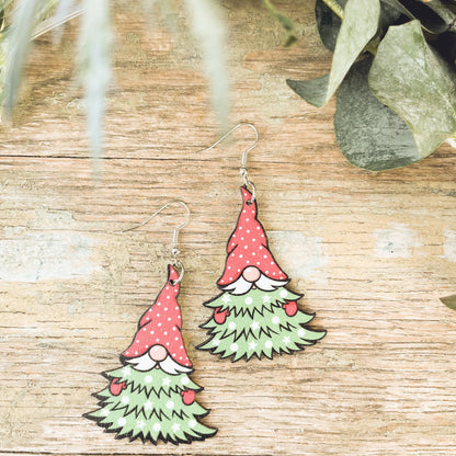Adorable Gnome Christmas Tree Wooden Drop Earrings