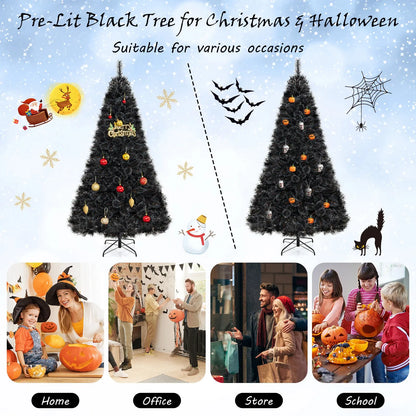 6/7/8 Feet Black Artificial Halloween Christmas Tree with PVC Branch Tips and 210/320/450 Cool White LED Lights
