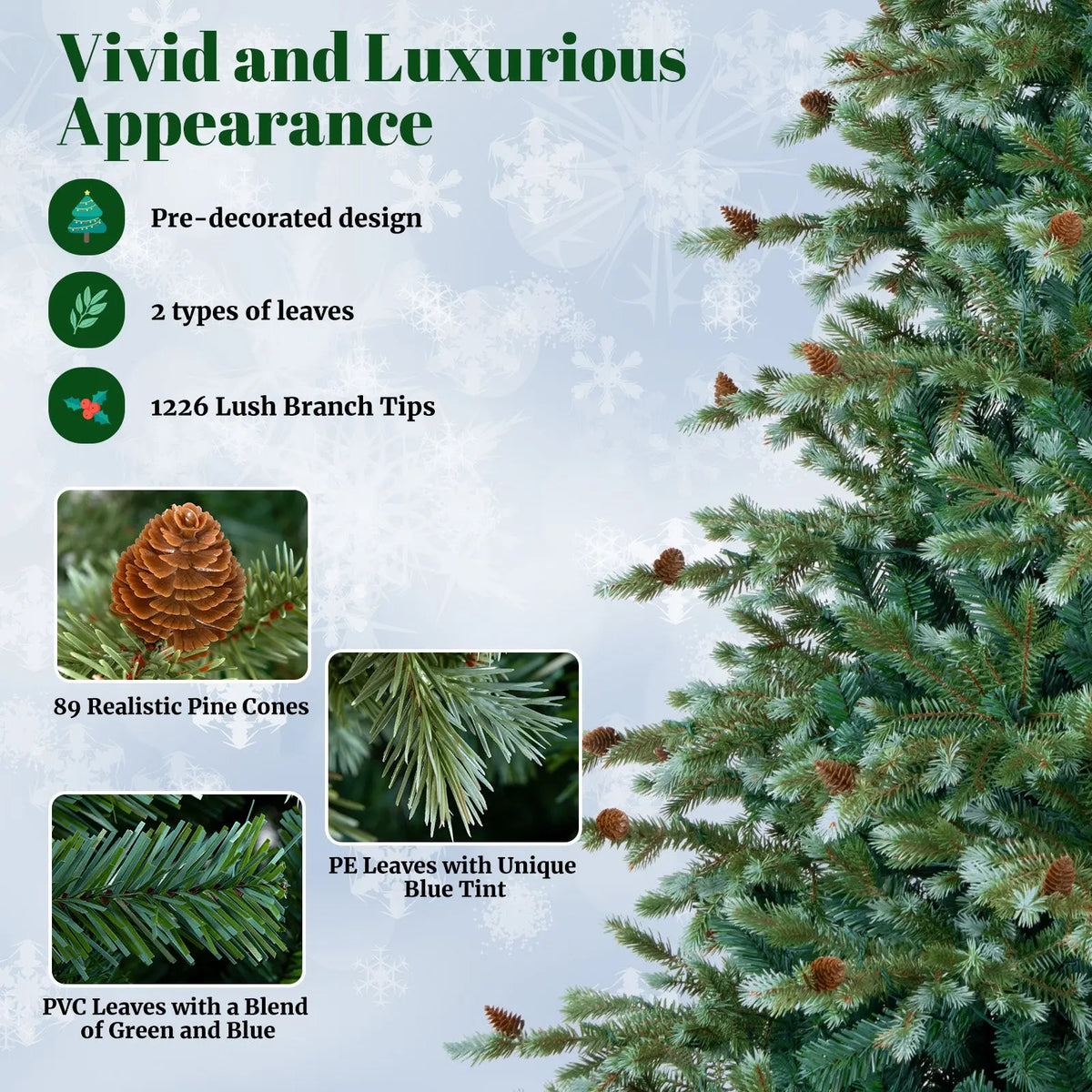 6/7/8 Feet Christmas Tree with Warm White LED Lights and Pine Cones