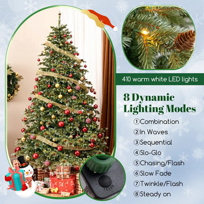 6/7/8 Feet Christmas Tree with Warm White LED Lights and Pine Cones