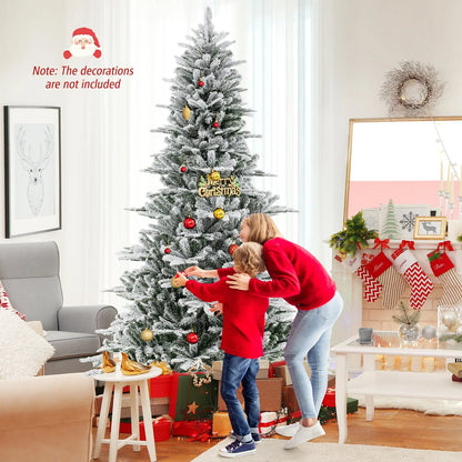 8 Feet Snow Flocked Artificial Christmas Tree with Cool White LED Lights