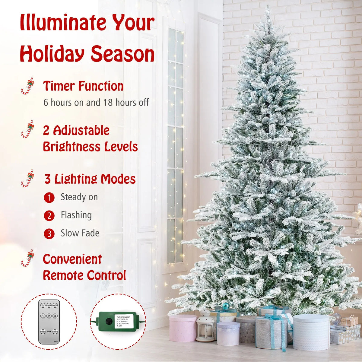 8 Feet Snow Flocked Artificial Christmas Tree with Cool White LED Lights