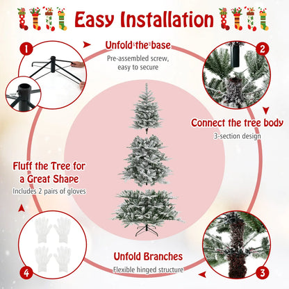 8 Feet Snow Flocked Artificial Christmas Tree with Cool White LED Lights