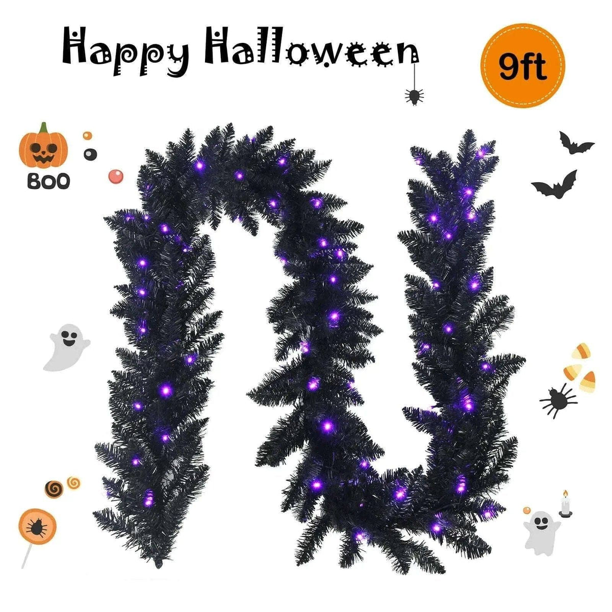 9 Feet Pre-lit Christmas Halloween Garland with 50 Purple LED Lights Cartsfy Inc.