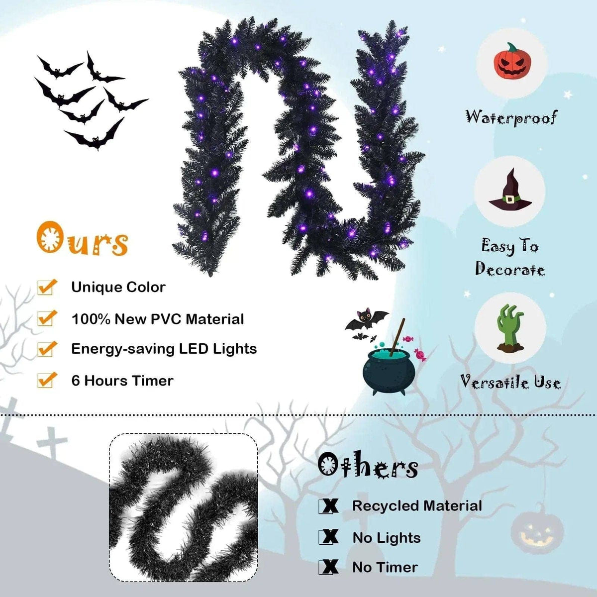 9 Feet Pre-lit Christmas Halloween Garland with 50 Purple LED Lights Cartsfy Inc.