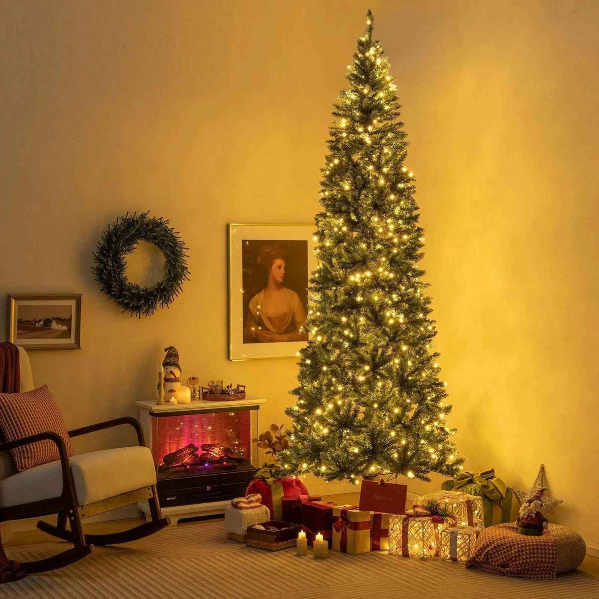 9 FT Pre-Lit Artificial Christmas Tree with Snowy Branch Tips