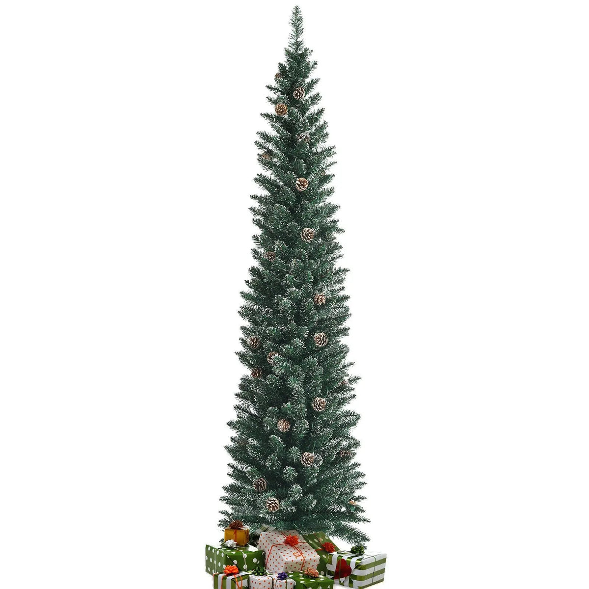 Snowy Artificial Pencil Christmas Tree with Pine Cones