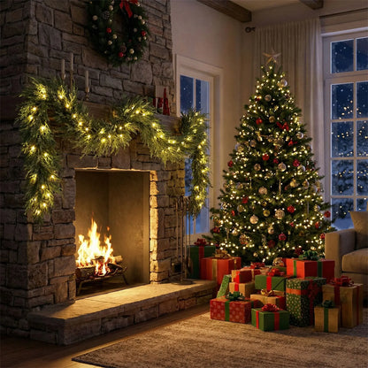 9 FT Pre-lit Artificial Cypress Christmas Garland with 50 Warm White LED Lights and 130 Branch Tips