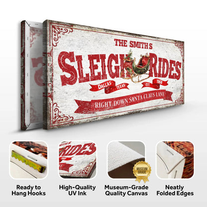 Framed Sleigh Rides Christmas sign with feature icons for hooks, UV ink, and canvas